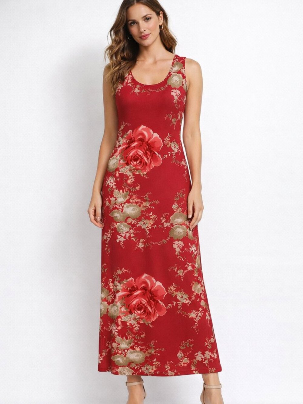 red floral sleeveless maxi dress